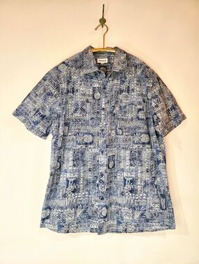 Haggar Vintage Blue White Hawaiian Tapa Patchwork Shirt 